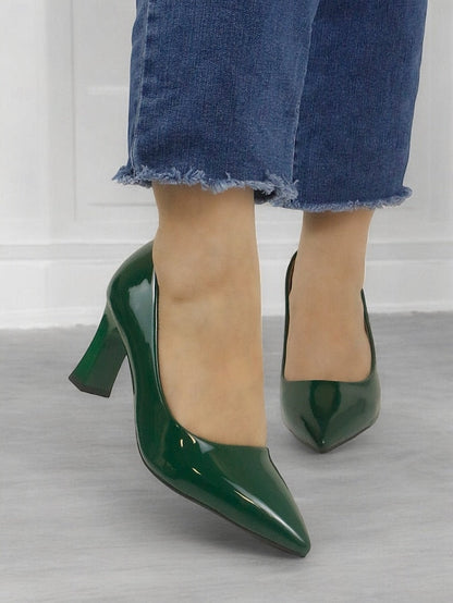 Pointed-Toe Glossy Patent Leather Heel Green Pumps Faux Block FashionChic