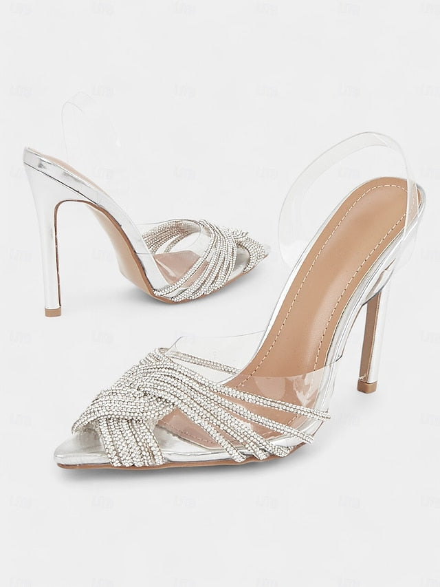 Stiletto – Rhinestone Straps with Sandals Silver Transparent FashionChic