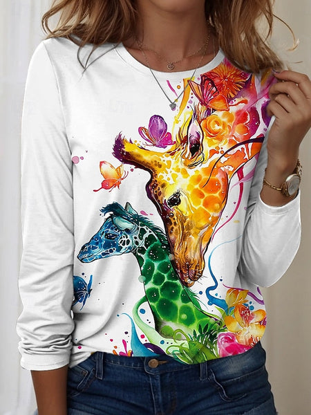 Women's T shirt Crew Neck Long Sleeve Tunic Graphic Animal FashionChic