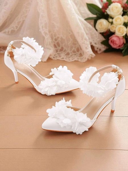Women's Floral Heels Strap Ankle - Elegant White Pointed FashionChic