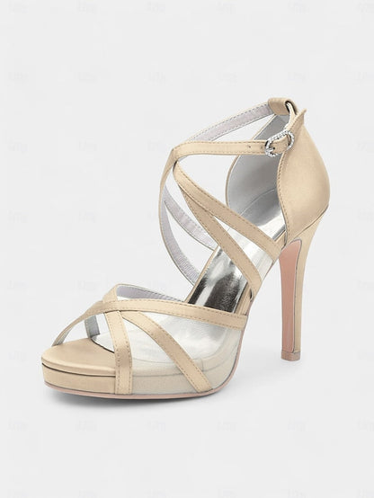 Heel Cross White Sandals - with Satin High Straps Perfect Bridal FashionChic