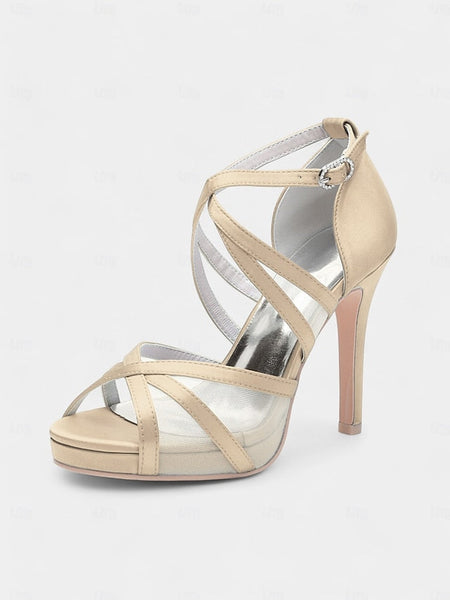 Heel Cross White Sandals - with Satin High Straps Perfect Bridal FashionChic