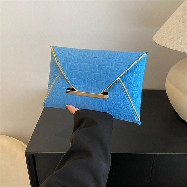 Metal Yellow Envelope Handle Women’s Clutch with Croc-Embossed FashionChic