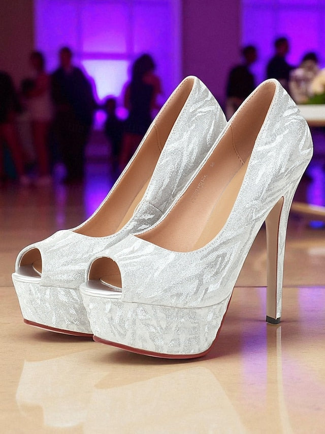Silver Pattern Women's Heels Platform Subtle with Peep-Toe FashionChic