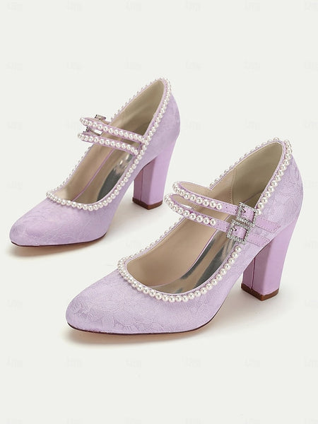 Heels Embellished Purple Mary Pearl Women's Jane - Lace FashionChic