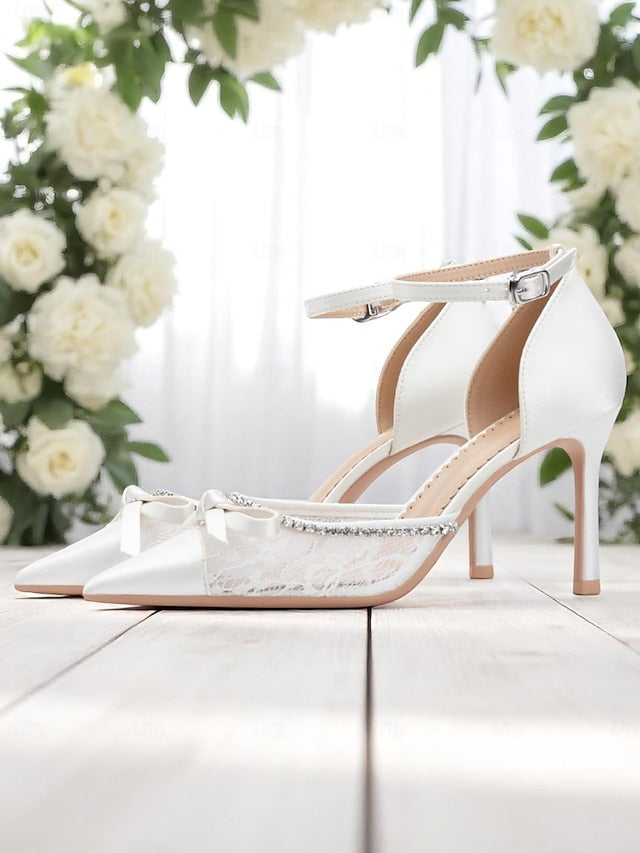 High Satin Heels Lace Women's White FashionChic