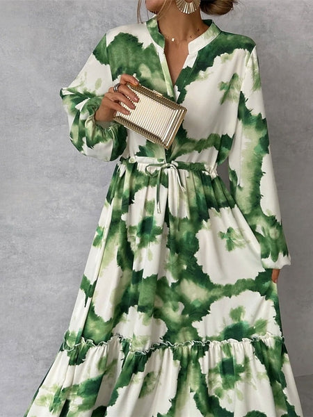 Women's Floral Stand Collar Maxi Dress Long Sleeve Spring