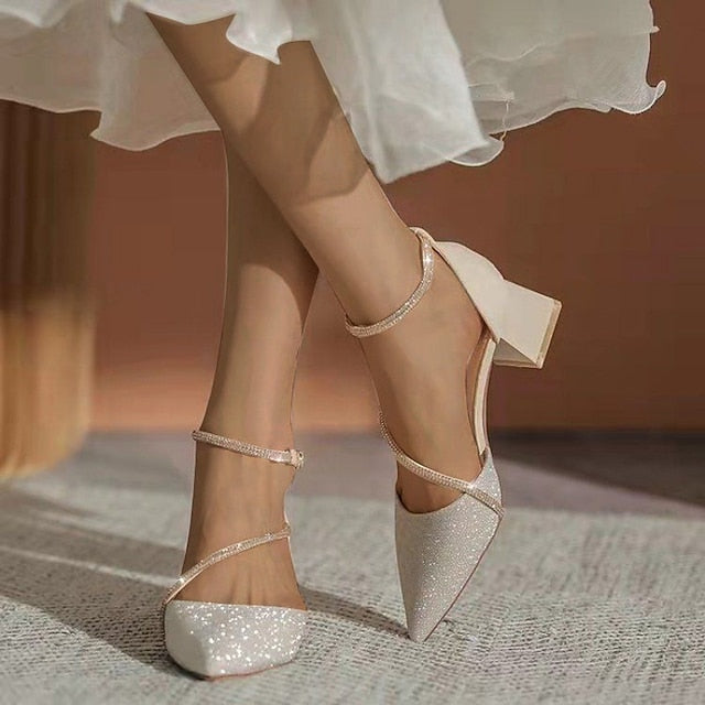 Mesh Women's Heels Pointed Glitter Ankle Block with Toe FashionChic