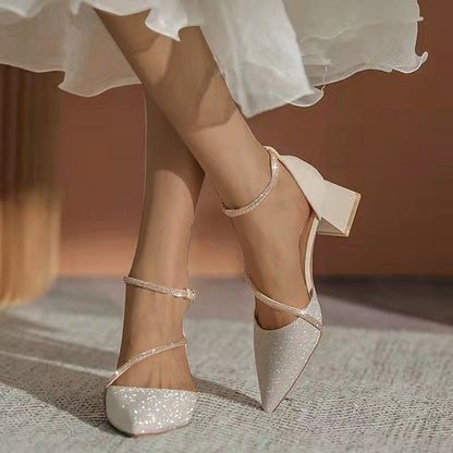 Mesh Women's Heels Pointed Glitter Ankle Block with Toe FashionChic