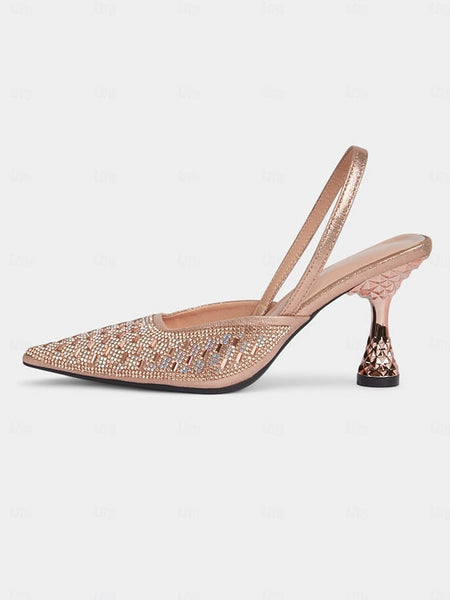 Geometric with Gold Women's Slingback Rhinestone Rose Heels FashionChic