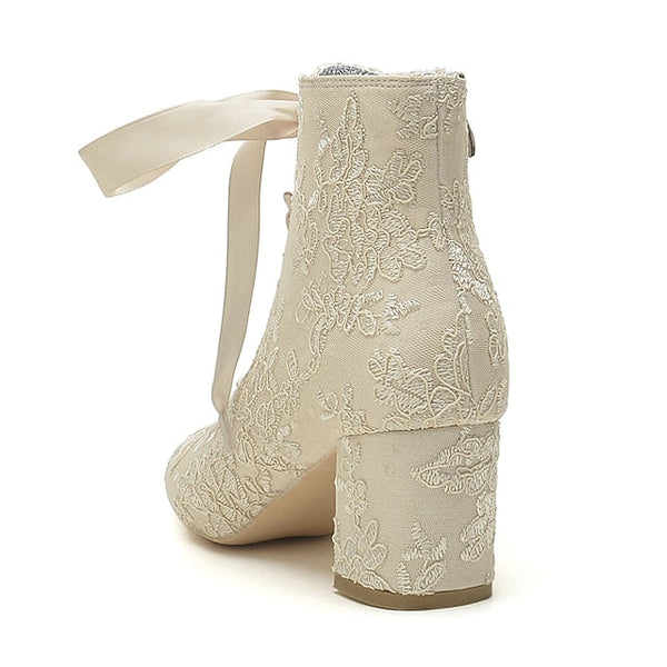 Women's Lace-Up Bridal Embroidered Floral White – Booties FashionChic