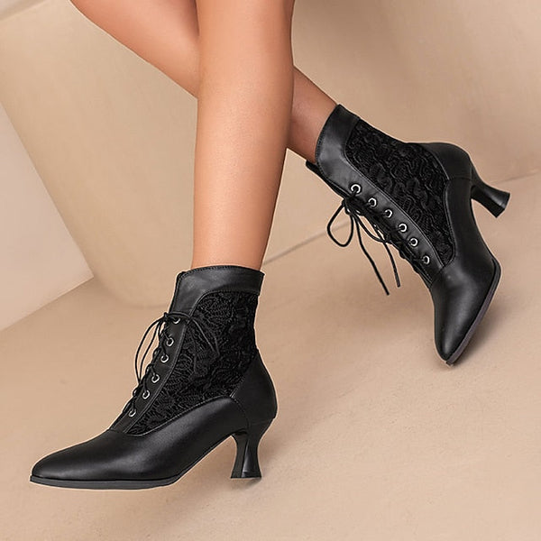 White Ankle Lace-Up Embroidered with Boots Women's Panels FashionChic