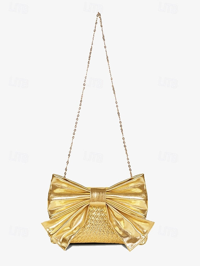 Oversized Bow with Faux Bag Women's Leather Clutch Gold FashionChic