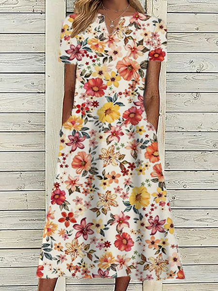 Women's Pink Dress Floral Graphic Print V Neck Midi Dress