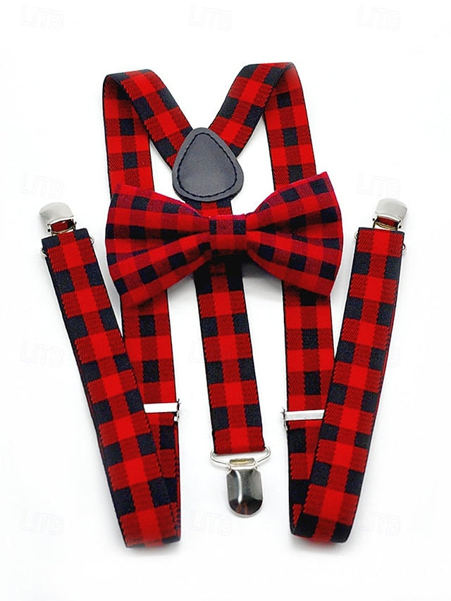 Men's Set Tie Plaid and Adjustable Suspender Bow Christmas FashionChic