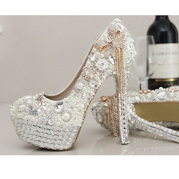 White Women's Platform Pearl Rhinestone Embellished and FashionChic