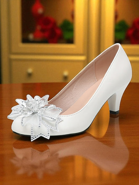 Bow Wedding Low White Shoes Women's Crystal with Heel FashionChic