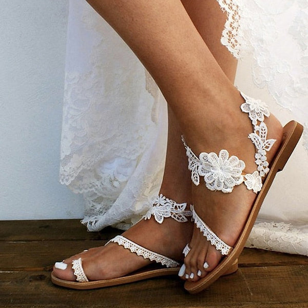 Flat with Sandals White Floral Women's Lace Bridal FashionChic