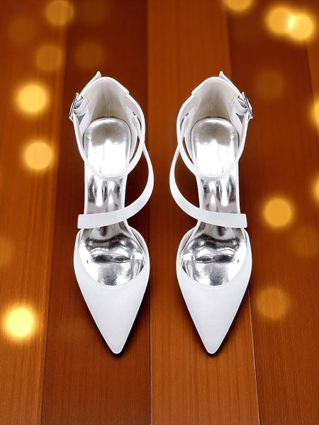 Women's Champagne Pointed Block Heels Satin Toe - FashionChic