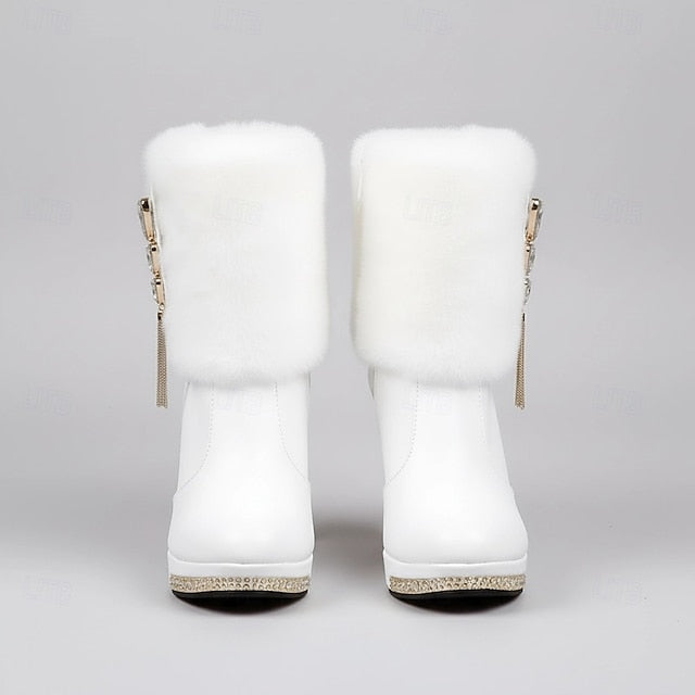 Heels White Ankle Boots - with Women's Faux Rhinestone Fur FashionChic