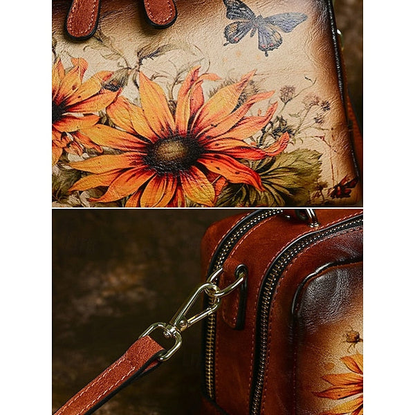 – Sunflower Print Vintage with Handbag Leather and Butterfly FashionChic