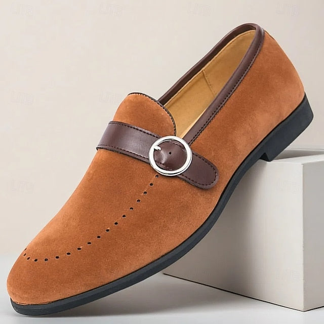 with Loafers Slip-On Suede Buckle Strap Brown Men's Faux FashionChic