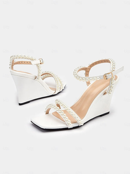 Pearl-Embellished Elegant Heels – Open-Toe Wedge Women's FashionChic