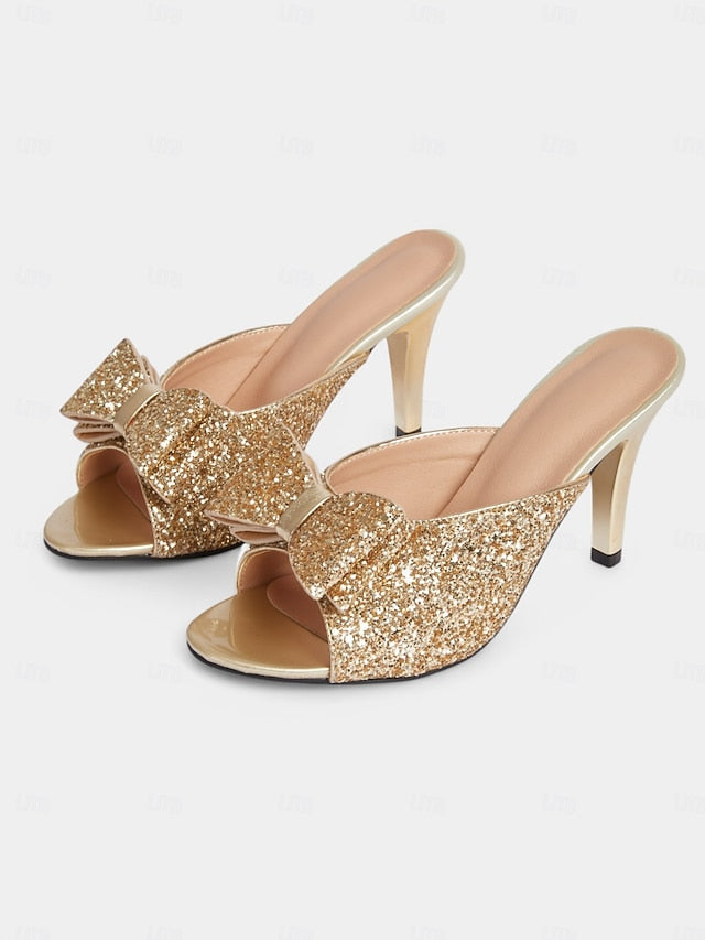 Bow Glamorous – Party Women's Gold Glitter Stiletto Mules FashionChic