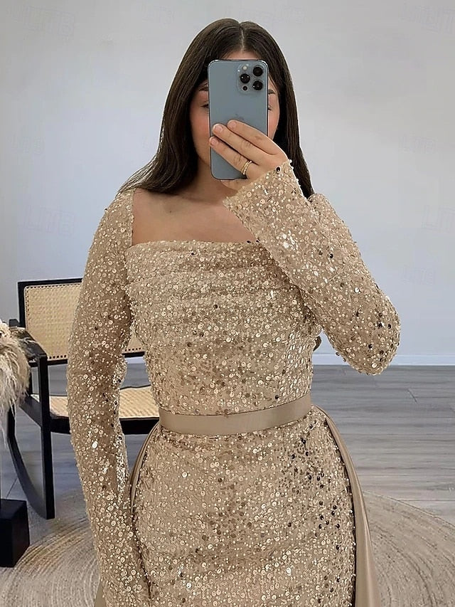 Evening Sequin Wedding A-Line Guest Formal Gown Elegant Dress FashionChic