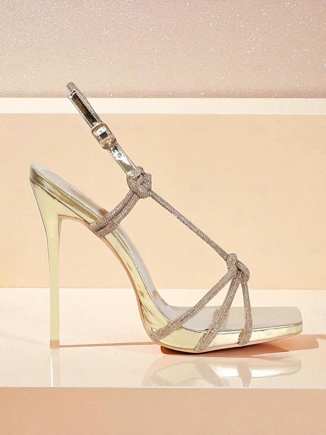Toe Heels Stiletto with Rhinestone Women's Square Strappy FashionChic