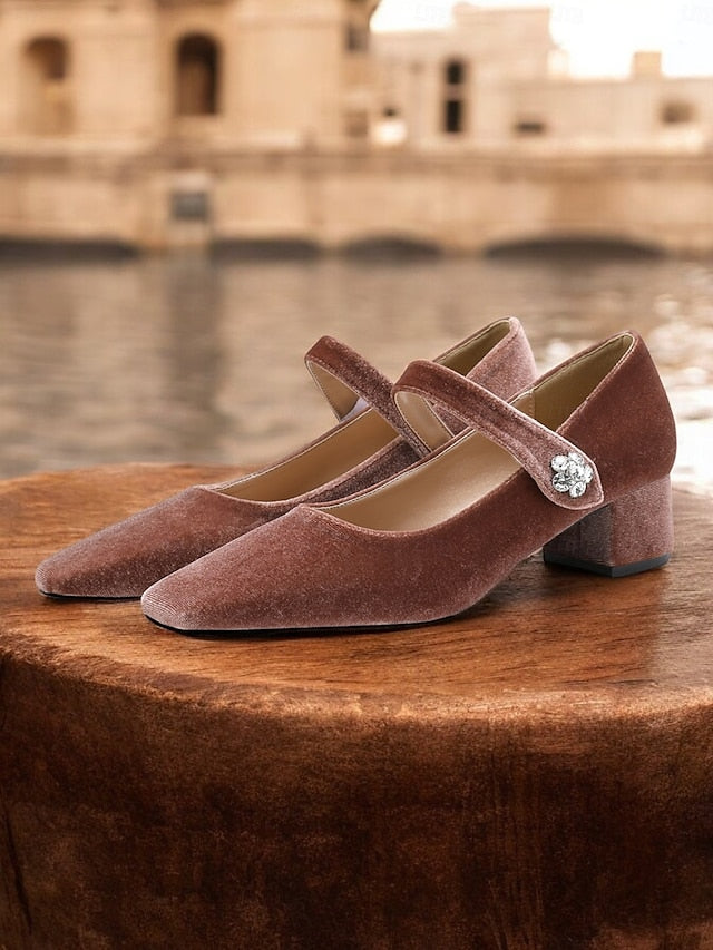 Toe Women's Mary Square Jane Green Block Pumps Velvet - FashionChic