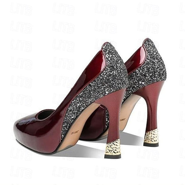 Platform Heels with Glitter Women's Patent Leather Burgundy FashionChic