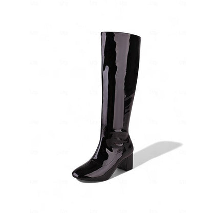 Leather Patent Block with Heel High Red Women's Boots Knee FashionChic