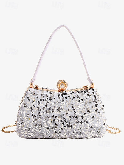 – Women's Evening Pearl Accent Sequin Black Clutch with FashionChic