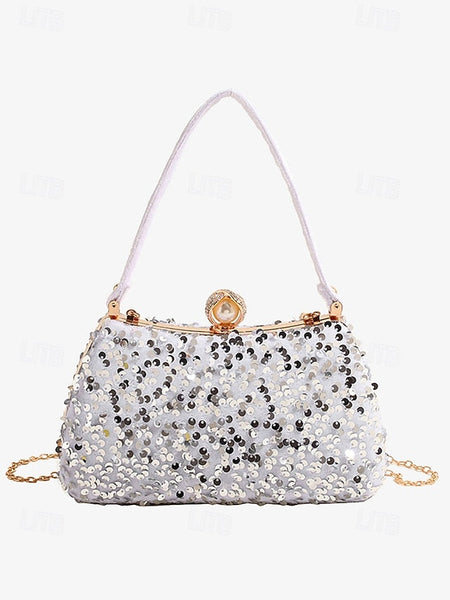 – Women's Evening Pearl Accent Sequin Black Clutch with FashionChic