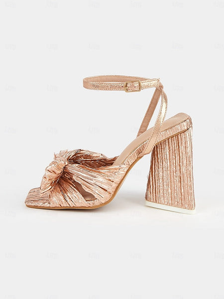 Gold Textured and Knot Heel with Sandals Detail Rose Block FashionChic