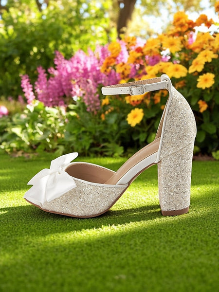 Women's Glitter with Block Wedding Heel Sandals Ankle White FashionChic
