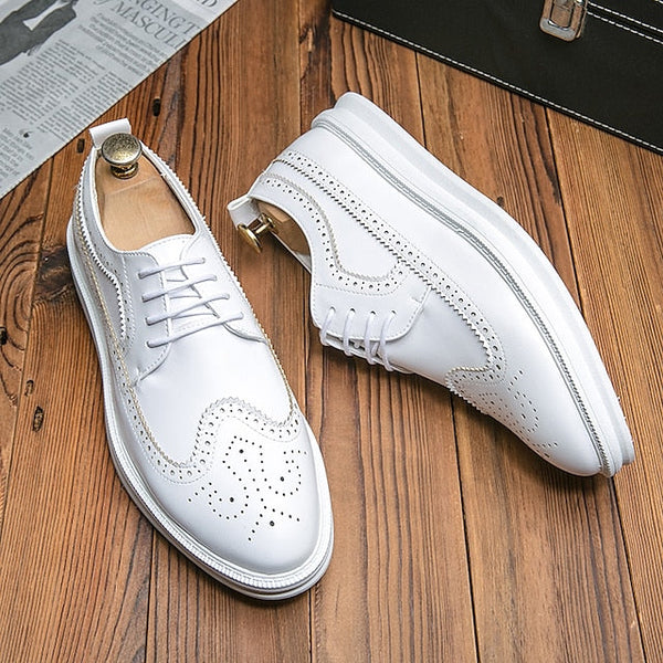 Shoes White Lace-Up Stylish Derby Brogue Leather - Men's FashionChic