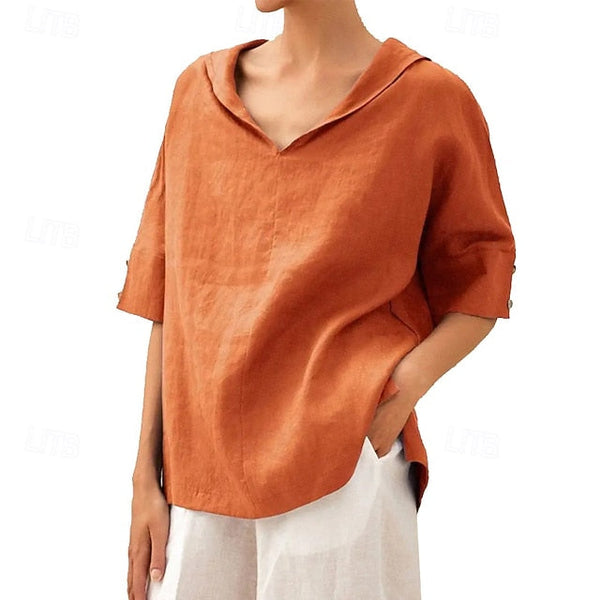 Women's Linen Blend Blouse Plain Modern Casual Short Sleeve FashionChic