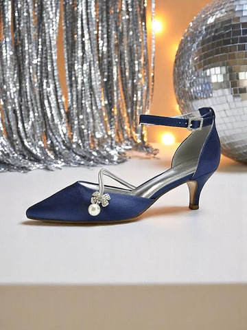 Heels Dark with Kitten and Women's Satin Blue Pearl FashionChic