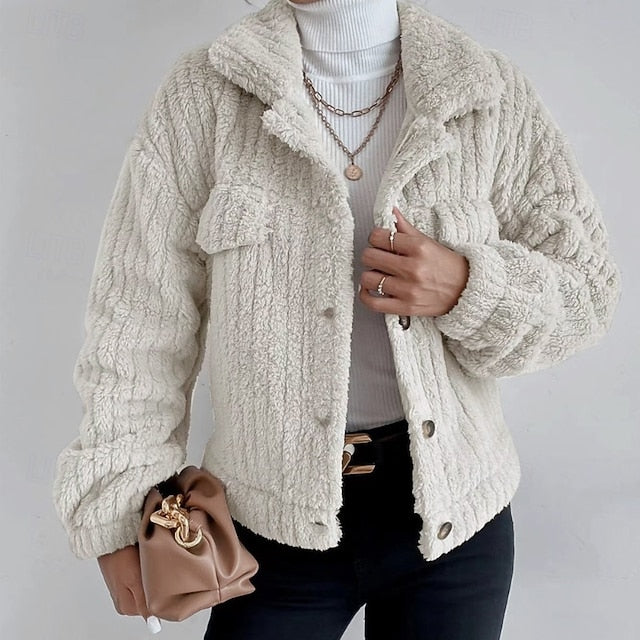 Casual Plain Coat Warm Teddy Women's Buttons Comfortable FashionChic