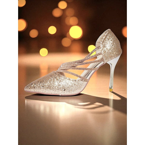 High Women's - Gold Glitter Pointed Heels Strappy Toe FashionChic
