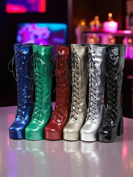 Platform Silver High Metallic Boots - Women's Lace-Up Knee FashionChic