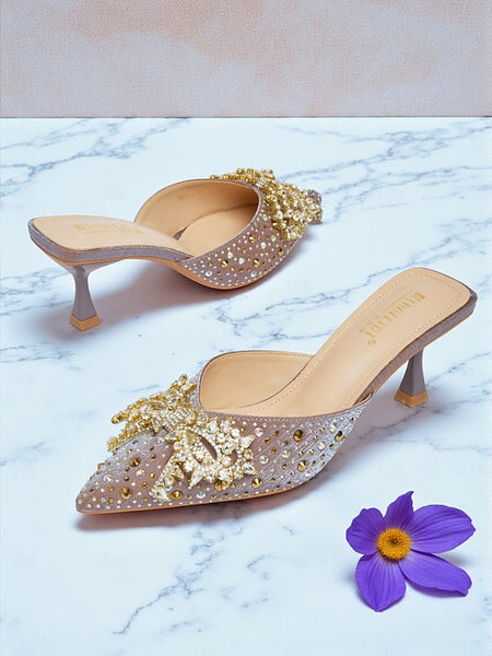 Slip-On Toe Glitter Pointed Rhinestone Mules - Women's FashionChic