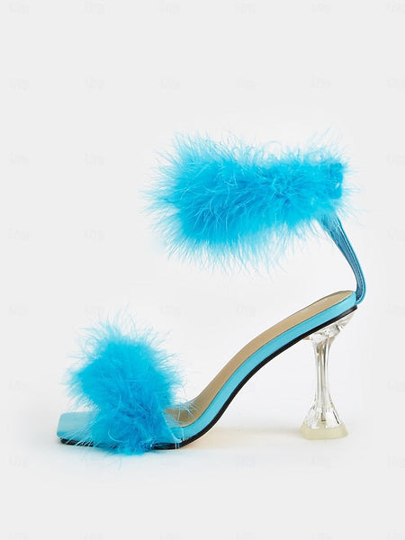 Clear Heel with Turquoise Sandals Feather-Embellished High FashionChic