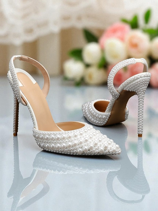 Women's Leather Pearl-Embellished - White Heels Slingback FashionChic