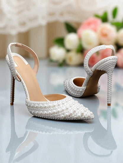 Women's Leather Pearl-Embellished - White Heels Slingback FashionChic