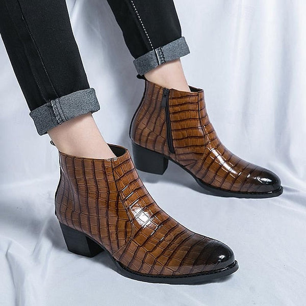 Leather - Faux Boots Men's Pattern Crocodile Ankle Brown FashionChic