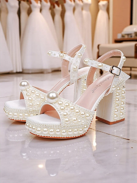 White Embellished Block Women's Platform Pearl Heel Sandals FashionChic
