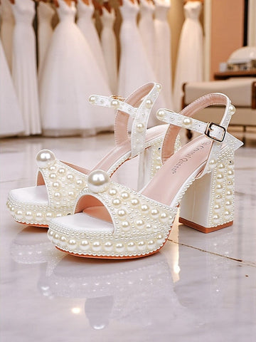 White Embellished Block Women's Platform Pearl Heel Sandals FashionChic